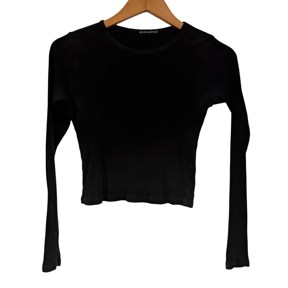 Brandy Melville Ribbed Long Sleeve Top One Size Black Cropped Crew Neck Basic